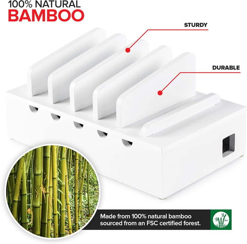 Modern Innovations Bamboo Charging Station for Multiple Devices, Wood Organizer, Desk Docking Stand for Cell-Phone