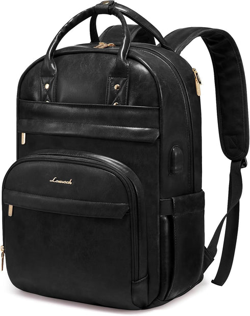 LOVEVOOK Vintage PU Leather 15.6 inch Women's Laptop Backpack, Black, 25L, Water