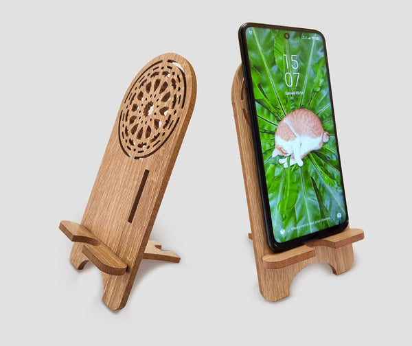 Wooden Desk Cell Phone Stand, Charging Organizer Compatible with iPhone, iPad, and Tablets, Use Horizontally or
