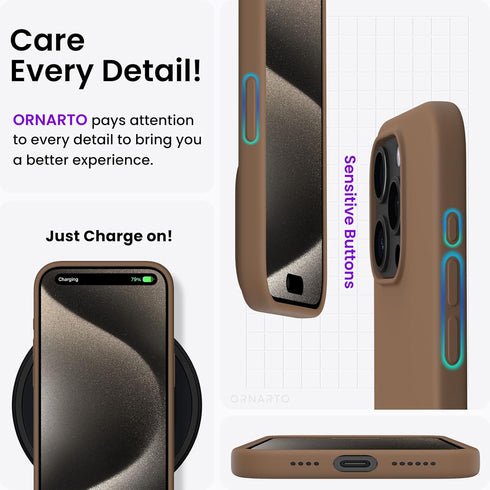 ORNARTO iPhone 15 Pro Max Case 6.7" - Slim Shockproof Liquid Silicone, 3 Layers, Soft Gel, Anti-Scratch Lining - Brown