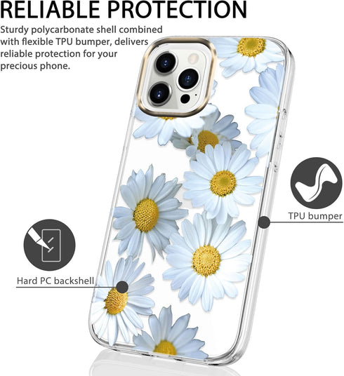 BAISRKE Clear Floral Pattern Case for iPhone 13 Pro, Shockproof Hard Back Cover for Girly Women, 6.1 inch, Daisies