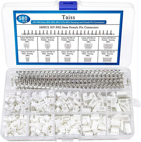 Taiss 580PCS JST PH Connector kit 2.0mm 2/3/4/5/6Pin Housing,Female and Male Adapter Cable Connector Plug,PH2.0mm Female Pin Connectors,JST Connector F-066-580PCS