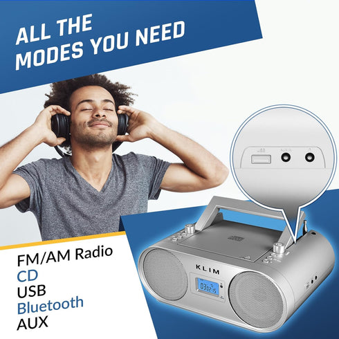 KLIM B4 MP3, Boombox CD Player Portable Audio System - AM/FM Radio with CD Player, Bluetooth, AUX, USB - Wired