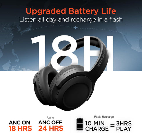HyperGear Stealth2 ANC Wireless Bluetooth Noise Cancelling Headphones, Over-Ear with Deep Bass - Black