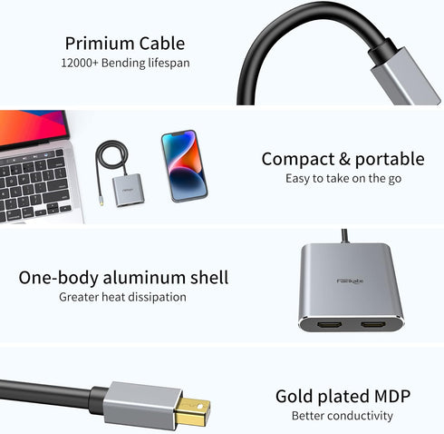 Fairikabe Mini DisplayPort to Dual HDMI Adapter, 4K@60Hz, MST, SST, for Laptop, PC, Monitor, Projector and More