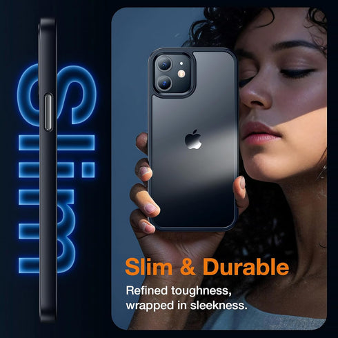 iPhone 12/12 Pro Case, Shockproof Military Grade Protection, Slim Translucent Hard Back, Frosted Black, 6.1''
