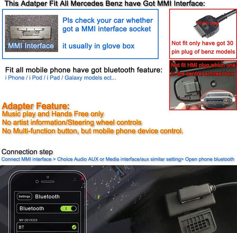 Bojer Bluetooth Adapter Compatible with Mercedes Benz Car Apple Android Phone Music MMI Interface Wireless Cable Capable Devices