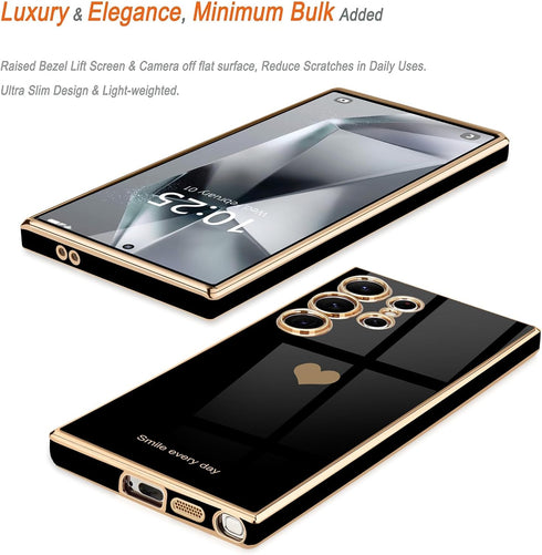 Teageo Black Case for Samsung Galaxy S24 Ultra 5G, Cute Love-Heart Luxury Soft Back Cover with Full Camera Protection