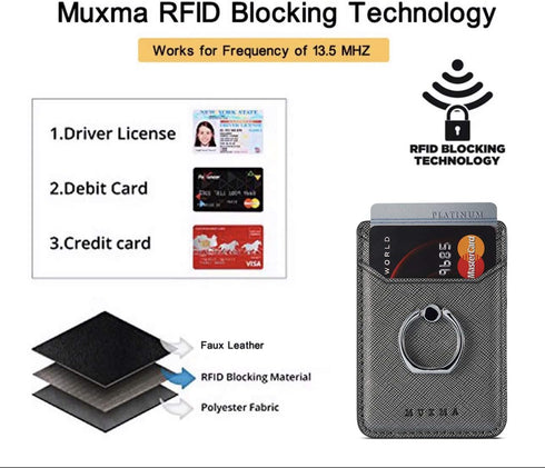 BIAJIYA RFID Blocking Card Holder for Back of Phone with Ring, Leather Stick on Wallet for iPhone/Android (Gun-Metal