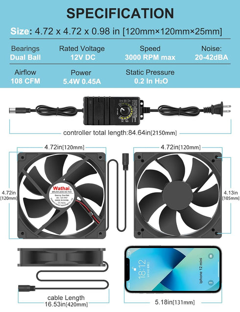 Wathai 120mm x 25mm Waterproof Small Box Fan IP67 12V with AC Plug Speed Controller for Biltong Box, Aquarium