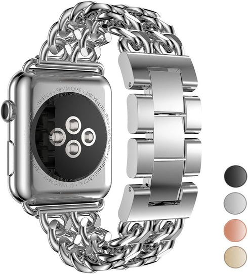 Compatible Apple Watch Band for 45mm, 49mm, 42mm, 44mm, Stainless Steel Cowboy Style for iWatch Series 10-3 (Silver)