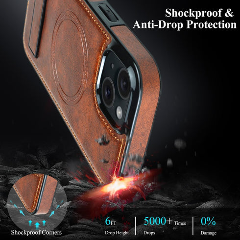 MMHUO iPhone 15 Leather Case, Brown, Ultra Slim Magnetic, Magsafe Compatible, Built-in Stand, Protective Kickstand