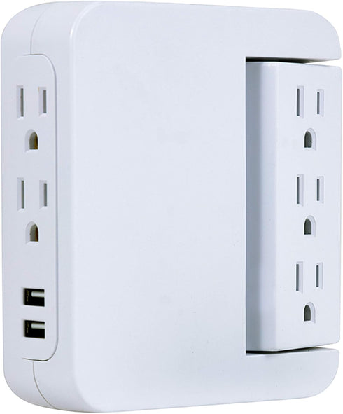 GE Pro Side-Access Swivel Surge Protector, 2 Pack, 5-Outlet Extender with 2 USB Ports, Wall Tap Adapter, White