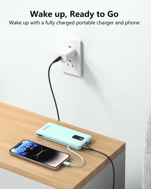 Charmast Portable Charger - 10000mAh USB C Power Bank with Built-in Cables, Fast Charging for Travel Essentials