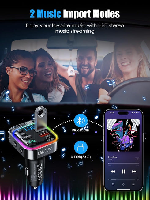 LENCENT Bluetooth 5.3 FM Transmitter, PD 30W & QC3.0 Fast Charger Bluetooth Car Adapter for Hi-Fi Music