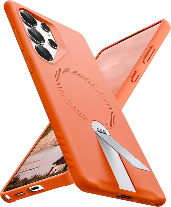 Samsung Galaxy S25 Ultra Case ExoGuard, Soft Skin-Friendly Silicone Cover, Adjustable Metal Kickstand - Orange