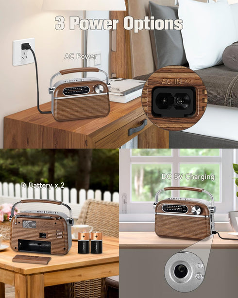 PRUNUS J-130 Small Retro Vintage Radio Bluetooth, Portable AM FM Transistor Radio, Rechargeable