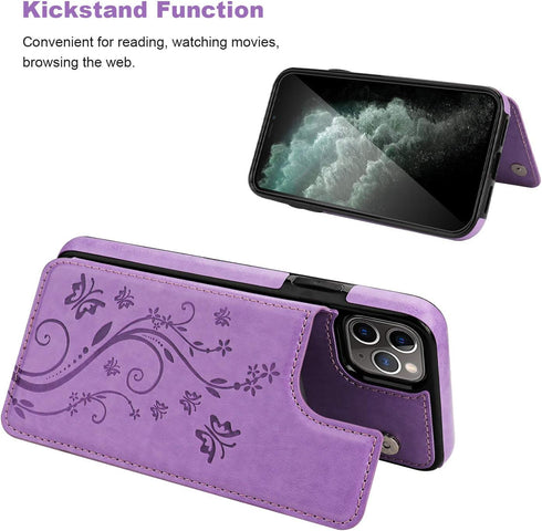 Vaburs iPhone 11 Pro Max Case Wallet with Card Holder, Embossed Butterfly PU Leather Flip Cover (Purple)