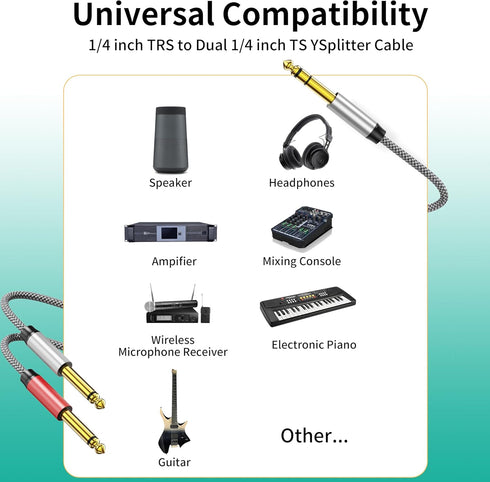Insert Cable 6ft, 1/4 Stereo to Dual 1/4 Mono Cable, Stereo Breakout 1/4 Y Cable, Compatible with Amplifiers, Speaker