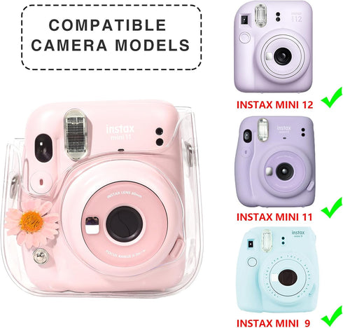 Case for Fujifilm Mini 12/11/9/8 Instant Camera, Protective Bag with Transparent Shoulder Strap (Real Flower - Pink)
