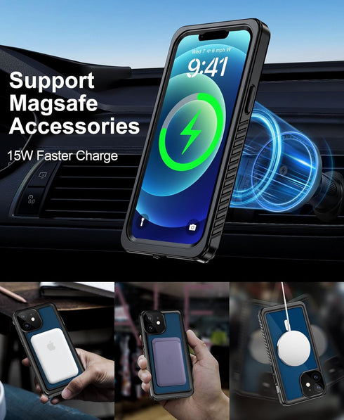 Beeasy Waterproof Case for iPhone 12 (6.1"), 360 Degree Outdoor Protective Magnetic Phone Case - Black