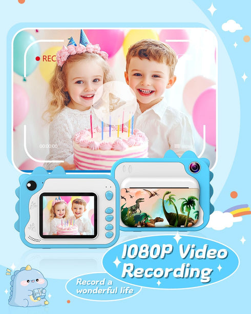 Kids Instant Print Camera, 1080p Ink Free Printing Dinosaur Camera for Ages 3-12, Christmas Birthday Gifts, Blue