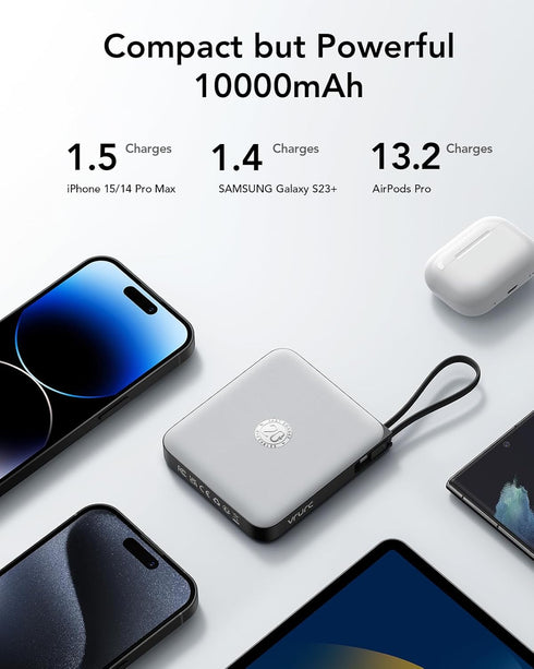 VRURC 10000mAh 22.5W Pack, 17 16 15 Portable Charger with Built-in Cable, Fast Charging USB C Battery Cell Phone Power