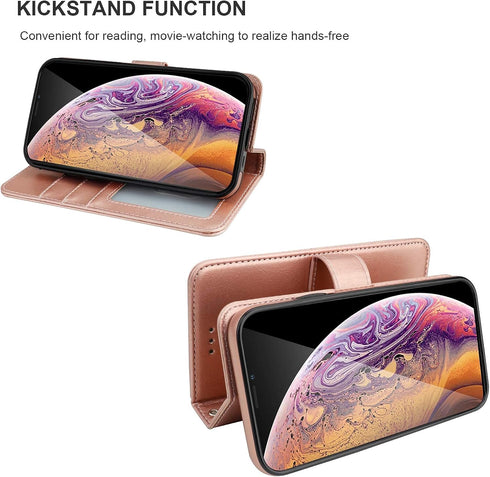 Bocasal Wallet Case for iPhone Xs Max, PU Leather Magnetic Detachable Kickstand Shockproof Cover with Wrist Strap
