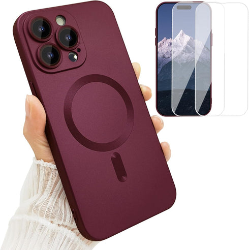 iPhone 15 Pro Max Magnetic Case for Women - Wine Red, Matte Soft Metallic, MagSafe Compatible, with Lens & 2 Screen