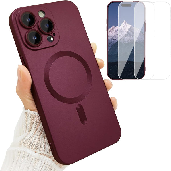 iPhone 15 Pro Max Magnetic Case for Women - Wine Red, Matte Soft Metallic, MagSafe Compatible, with Lens & 2 Screen