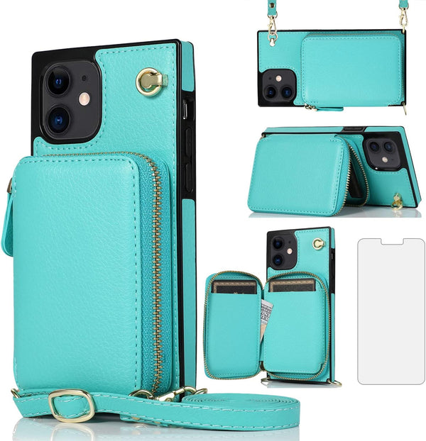 Asuwish iPhone 13 Mini Case - Mint Green Wallet Cover with Zipper, Screen Protector & Card Holder Slot, Leather Stand.