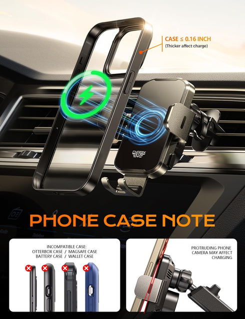 CHGeek Wireless Car Charger Phone Holder Mount, 15W Fast Charging Auto Clamping for iPhone, Samsung Galaxy, Google Pixel