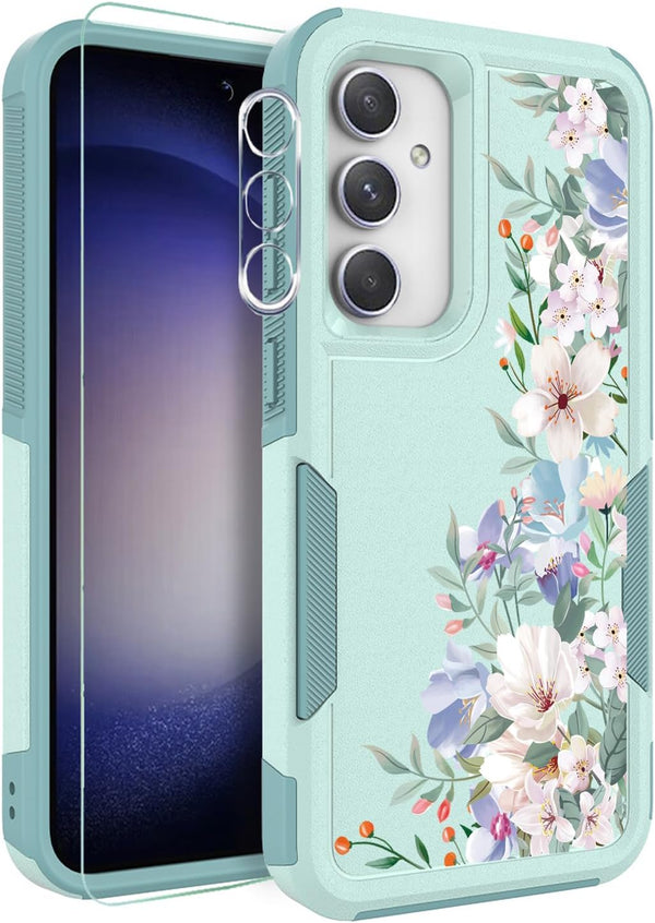 Samsung Galaxy S23 FE 5G Case: Slim TPU Bumper with Cute Floral Design + Screen & Camera Lens Protectors (Mint