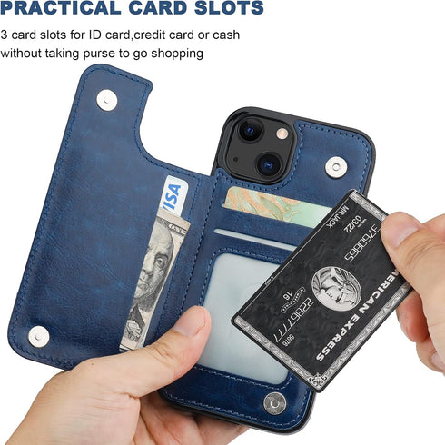 ONETOP Wallet Case for iPhone 13, PU Leather Kickstand with Card Holder, Double Magnetic Clasp, 6.1 Inch (Blue)