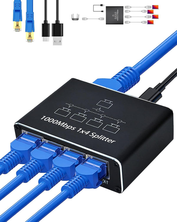 Ethernet Splitter 1 to 4, 1000Mbps High Speed Ethernet Cable Splitter with LAN Cable for 4 Devices