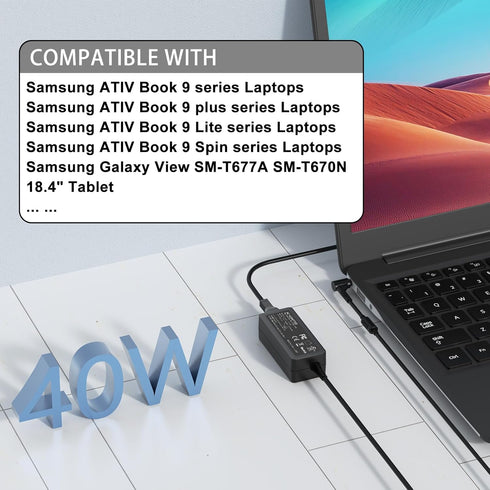 VHBW 40W AC Adapter Charger Replacement for Samsung ATIV Book 9 NP900X3C NP900X3D NP900X3E Power Cord