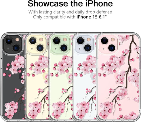 bicol Crystal Clear Case for iPhone 15, Fashionable Designs for Girls Women, Slim Fit Shockproof Acrylic (Blooming