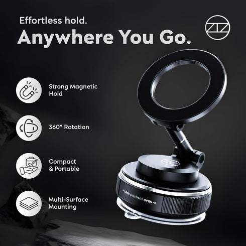 ZIZ 360 Heavy Duty Magnetic Phone Holder Vacuum Suction Mount Foldable, Adjustable, Car/Office/Gym - Dashboard