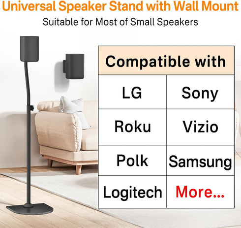 Universal Surround Speaker Stands, Adjustable Height 33" to 42", Pair for Samsung, Vizio, Sony, LG, Roku Small