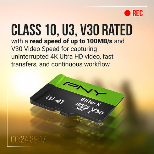 PNY 128GB Elite-X Class 10 U3 V30 microSDXC Flash Memory Card - 100MB/s, Class 10, U3, V30, A1, 4K UHD, Full HD, UHS-I,