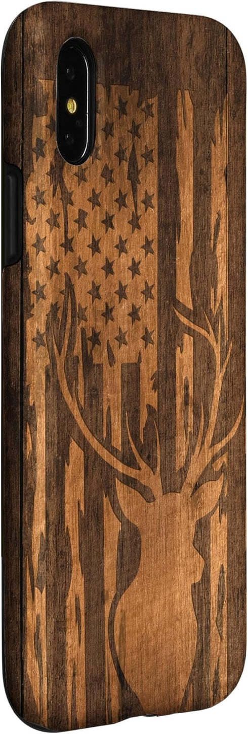 iPhone X/XS Case with Deer Buck and Flag on Wood-like Background