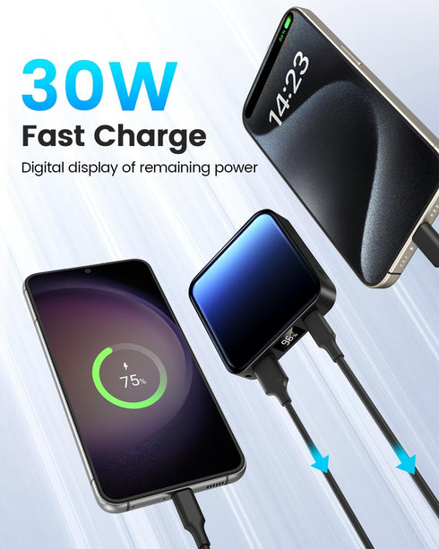 10000mAh Small Power Bank, Mini Portable Charger, USB C Input/Output with Smart LED Display, 30W Fast Charging for