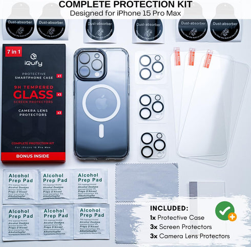 7 in 1 iPhone 15 Pro Max Case - 3X Screen Protector, 3X Camera Lens Protector, Compatible with MagSafe, Military-Grade