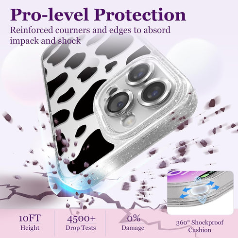 Cute Aesthetic iPhone 14 Pro Case - Glitter Clear Milk Cow Print Cover with Camera Protector & Wrist Strap for Women,