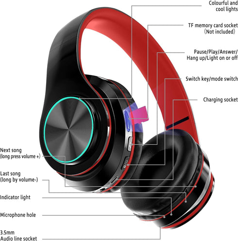 2022 Wireless Bluetooth Headphones, Colorful LED Lights Over Ear Foldable Headset with Built-in Microphone