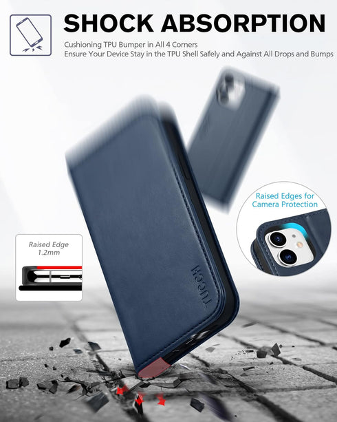 TUCCH Wallet Case for iPhone 12 Pro/iPhone 12 5G, PU Leather Folio with Kickstand, Card Slot, Dark Blue