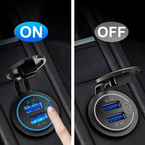 Qidoe 36W Dual QC3.0 USB Power Charger Socket, Waterproof 12V USB Outlet with Touch Switch for RV Motorcycle Boat