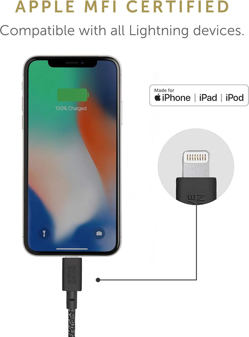 Native Union 4ft Belt Cable USB-A to Lightning - Durable Charging Cable with Leather Strap for iPhone 14, 13, 12