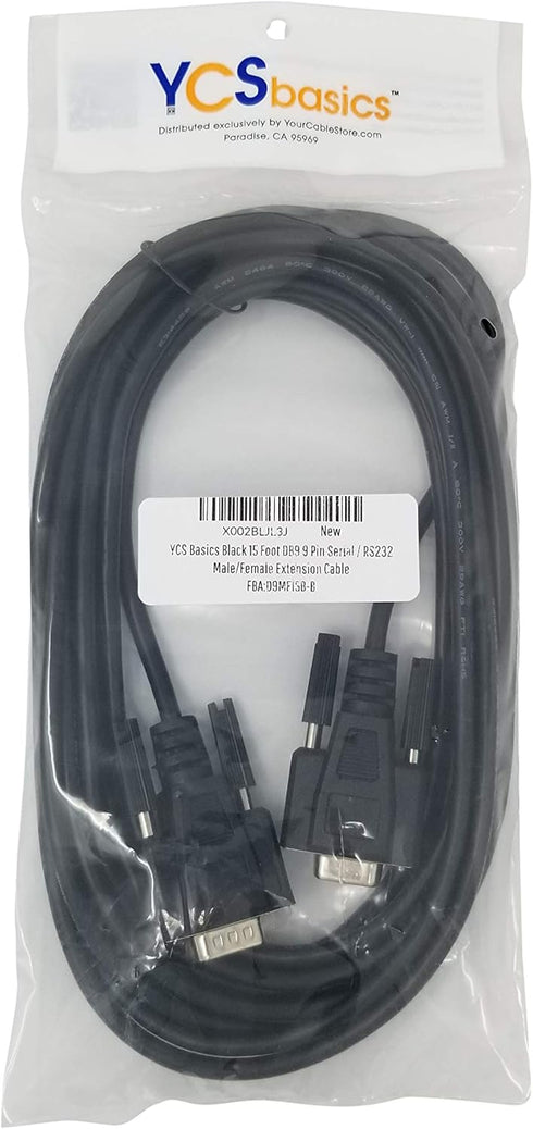 YCS basics Black DB9 9 Pin Serial / RS232 Male/Female Extension Cable, 15 Ft