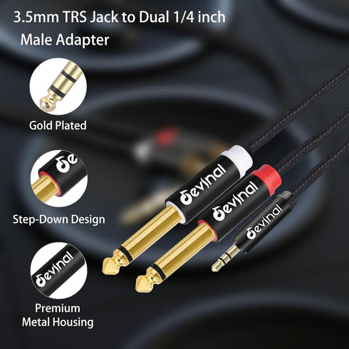 Devinal 3.5mm TRS to Dual 1/4"(6.35mm) TS Y-Cable, 1/8" to Two 6.35mm Mono Stereo Splitter Cord, Compatible for Computer Sound Cards, CD Players, Multimedia Speakers and Home Stereo Systems 3FT